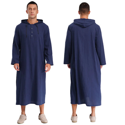 Mens Jubba Thobes Linen Muslim Robe Hooded with Pockets Middle East Islam Arabic Moroccan Kaftan Eid Prayer Long Robe Dress