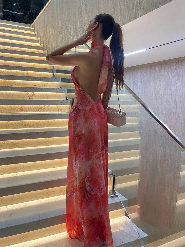 CNYISHE Prints Mesh Sheer Halter Sleeveless Backless Sheath Fashion Holiay Outfits Chic Sexy Club Women Dresses Female Bodycon
