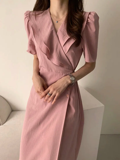 Retro Double Layered Collar Bubble Sleeve  Dress Elegant Short Sleeve V Neck Summer Casual Women's Dress