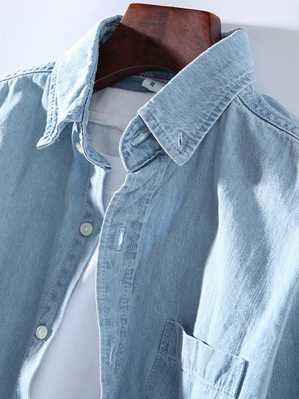 Loose Fit Pure Cotton Long Sleeve Men's Denim Shirt Spring Autumn Casual Style Vintage Trendy Top Outerwear Jacket