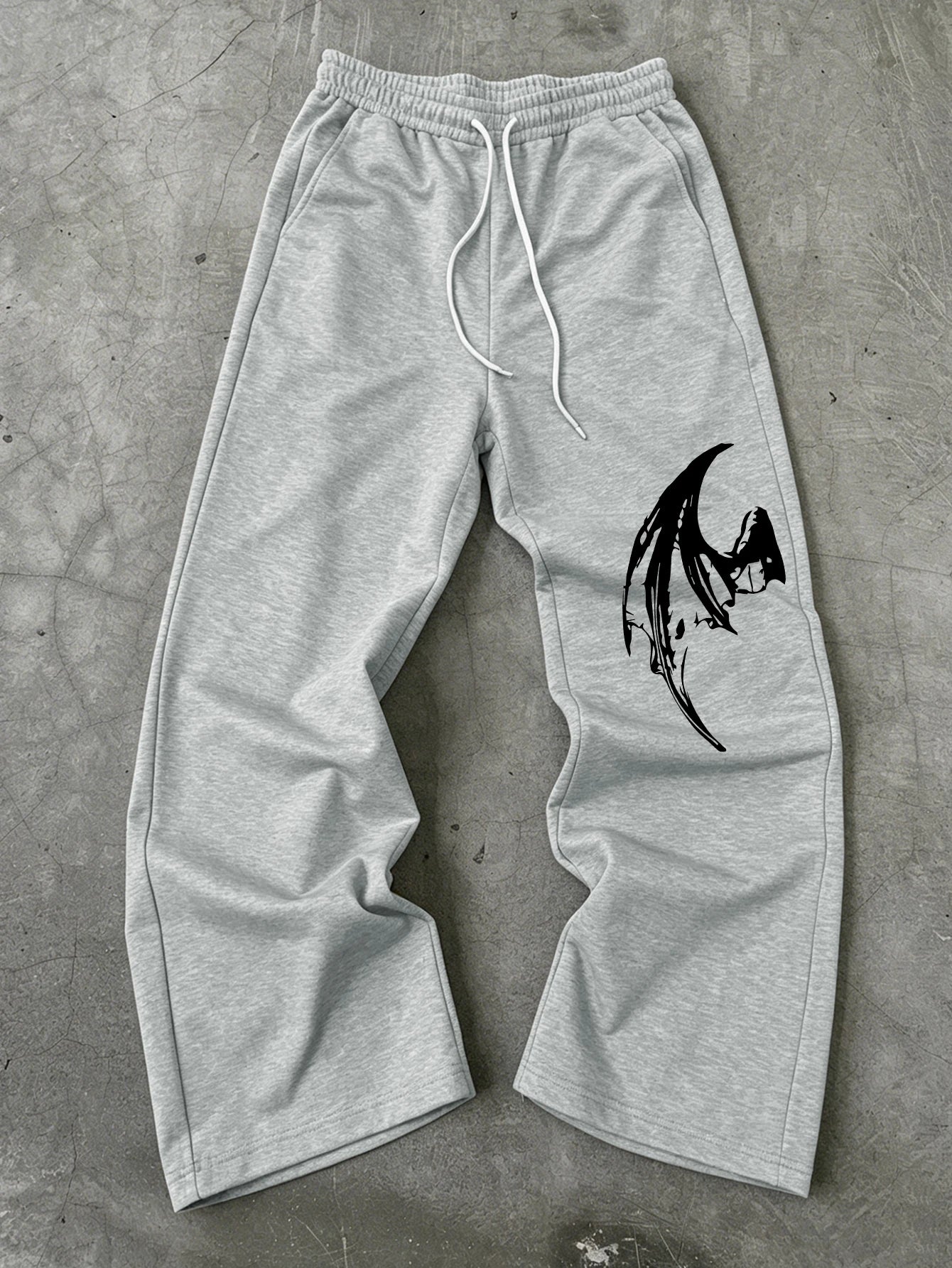 Mens Dark Gothic Spider Bat Wing Print Baggy Wide Leg Sweat Pants Loose Straight Drawstring Hip Hop Street Joggers
