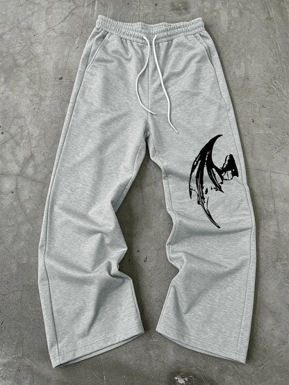 Mens Dark Gothic Spider Bat Wing Print Baggy Wide Leg Sweat Pants Loose Straight Drawstring Hip Hop Street Joggers