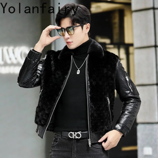 YOLANFAIRY Real Mink Fur Jacket Mens Genuine Leather Sheepskin Mens Clothing 90% Goose Down 10% Goose Feather Coat 2024 Winter