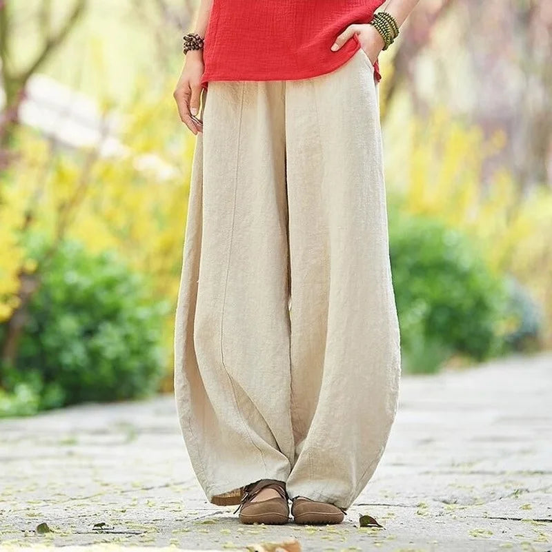 Cotton Linen Bloomers Wide Leg Pants Women Vintage Full Length Fashion Elegent Pants Solid Elasitic Waist Spring Autumn 5XL