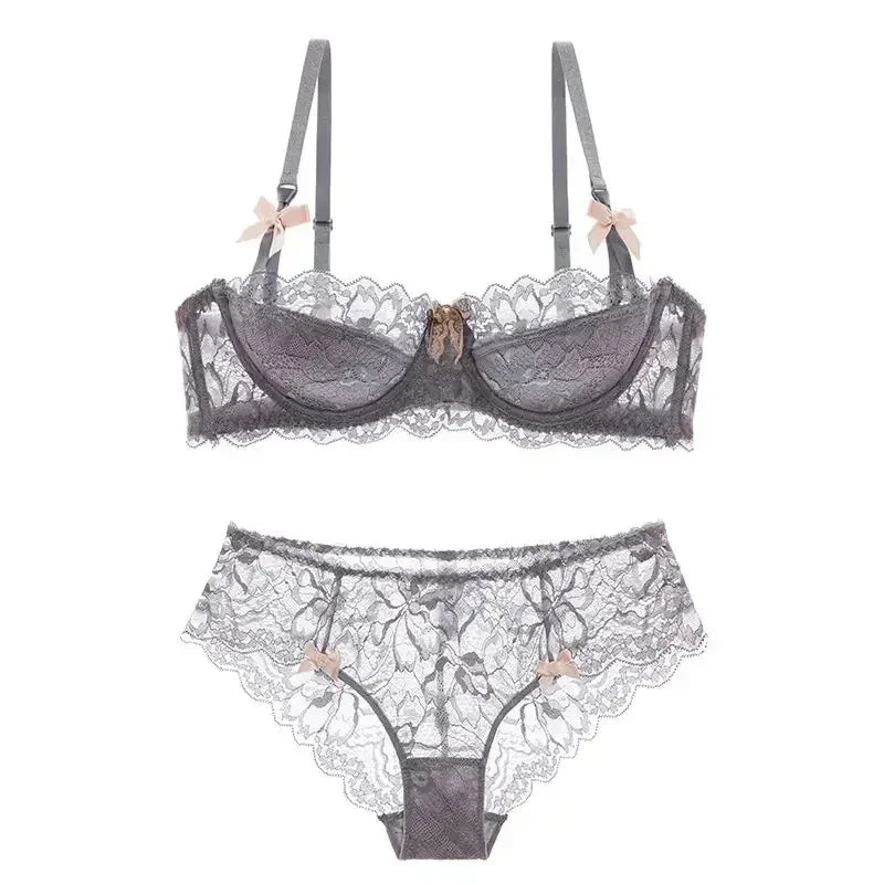 BANERDANNI French Lace Bralette Set Breathable Non-Padded Bra for Petite Sheer Floral Lingerie Wireless Comfort Anti-Gap Design