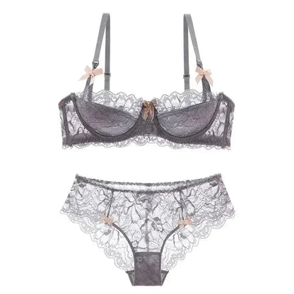 BANERDANNI French Lace Bralette Set Breathable Non-Padded Bra for Petite Sheer Floral Lingerie Wireless Comfort Anti-Gap Design