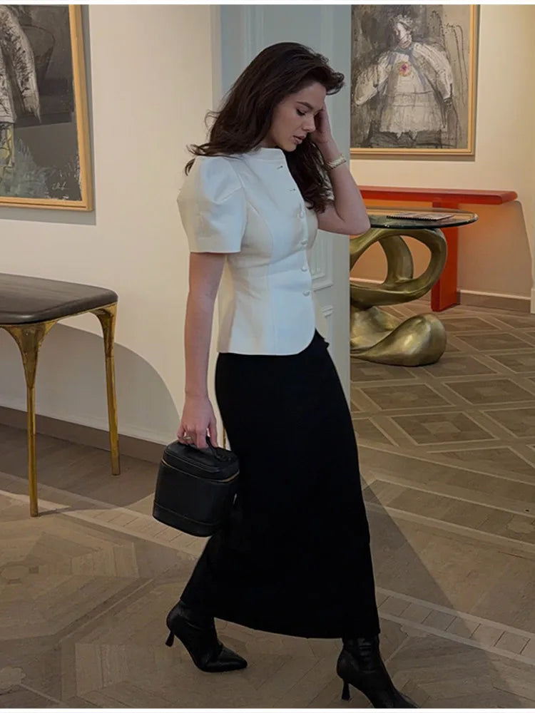 Women's Elegant Puff Sleeve Blouse Stand Collar Single-breasted Fitted Peplum Top Female Office Formal Occasions Cozy Clothes