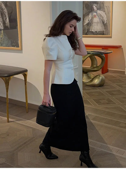 Women's Elegant Puff Sleeve Blouse Stand Collar Single-breasted Fitted Peplum Top Female Office Formal Occasions Cozy Clothes