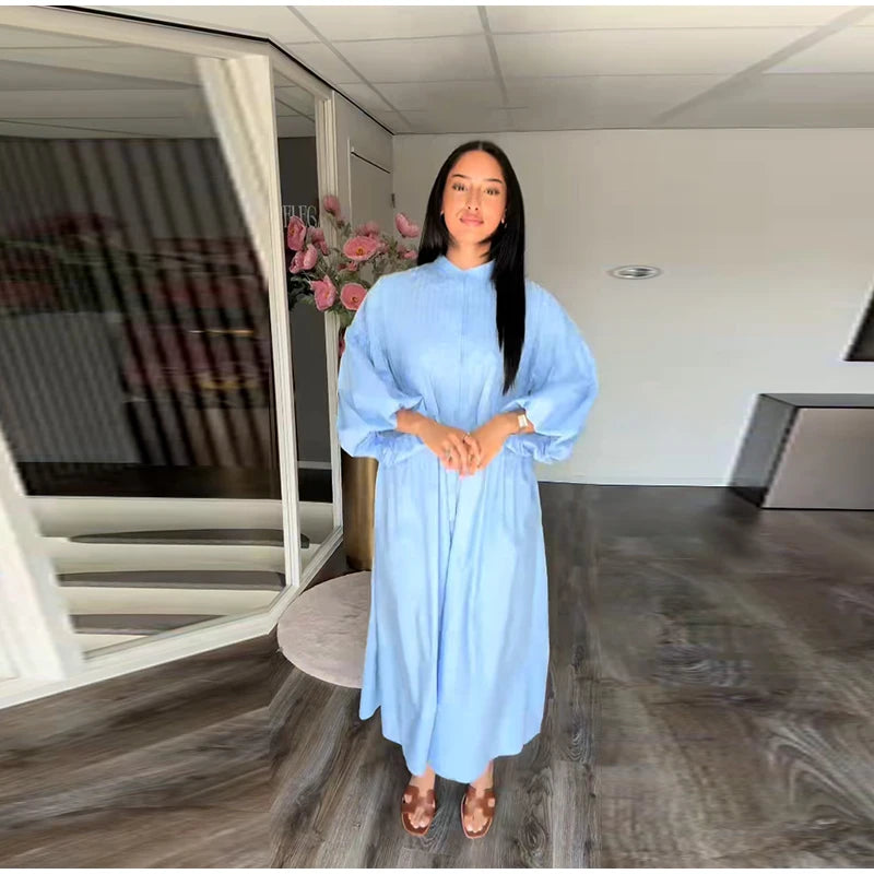 Casual Long Dress Women Solid Loose O Neck Single Breasted Full Lantern Sleeve High Waist Robe 2026 Spring Fashion Dresses Lady