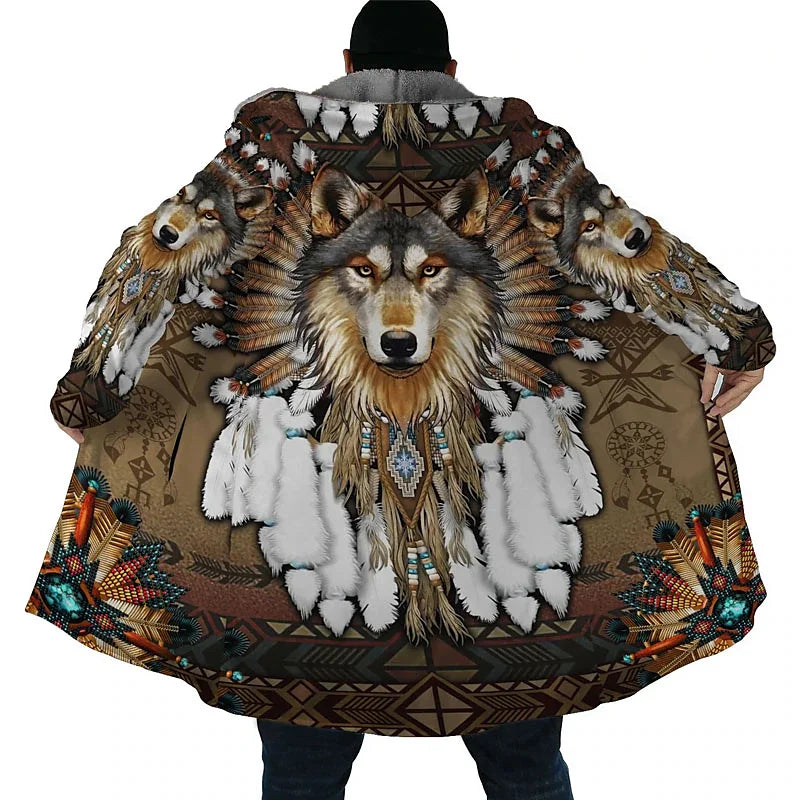 Men's Winter Jacket Wolf 3D Print Thick Warm Zipped Hoodie Male Coat Cape Robe Overcoat Parkas Invierno Hombre Blanket