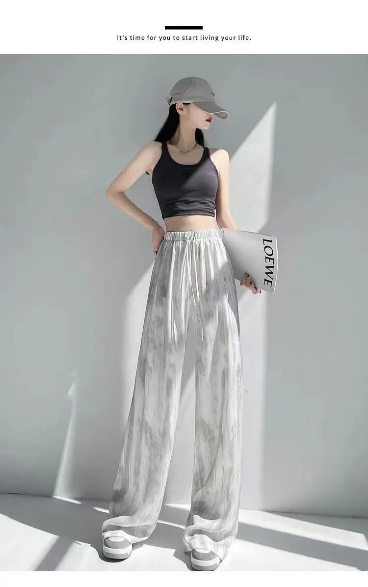 Summer Thin Ice Silk Satin Dyed Wide Leg Pants Women Loose Casual Drape High Waist Slimming Pants Ins Straight Leg Elastic Wa...