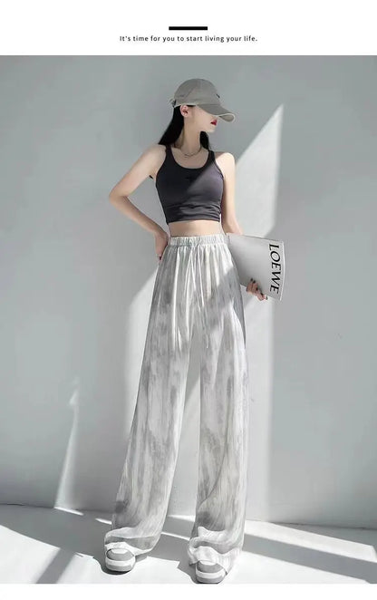 Summer Thin Ice Silk Satin Dyed Wide Leg Pants Women Loose Casual Drape High Waist Slimming Pants Ins Straight Leg Elastic Wa...
