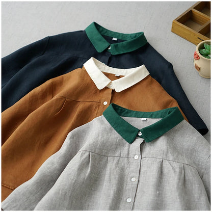 Ele Contrast Color Collar Linen ort Sve irt Dr Women's Summer New Artistic Versatile Midi Dr Comfortable A-L...