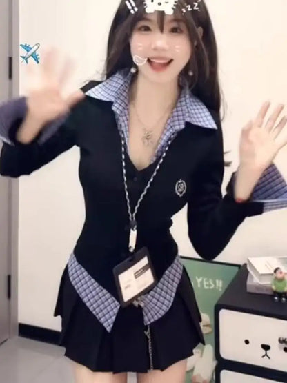 High Waist Plaid Patchwork Women's Set Spring 2025 Korean Style Fashionable Two-Piece Suit Long Sleeve  Collar Button up