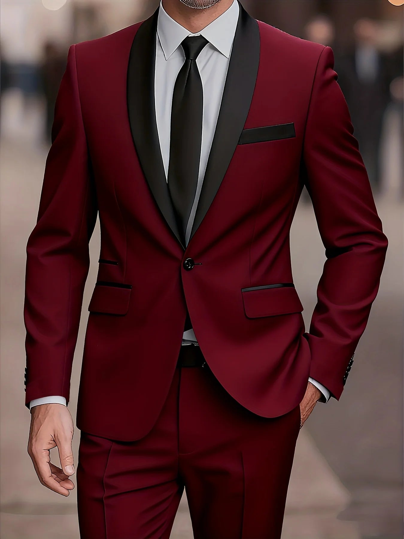 Men'S 2pcs Collar-And-Neckline, Single-Button, Slim-Fitting Solid-Color Jacket And Pants Set, Suitable for Men'S Dance Parties
