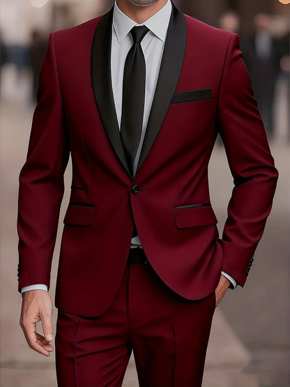 Men'S 2pcs Collar-And-Neckline, Single-Button, Slim-Fitting Solid-Color Jacket And Pants Set, Suitable for Men'S Dance Parties
