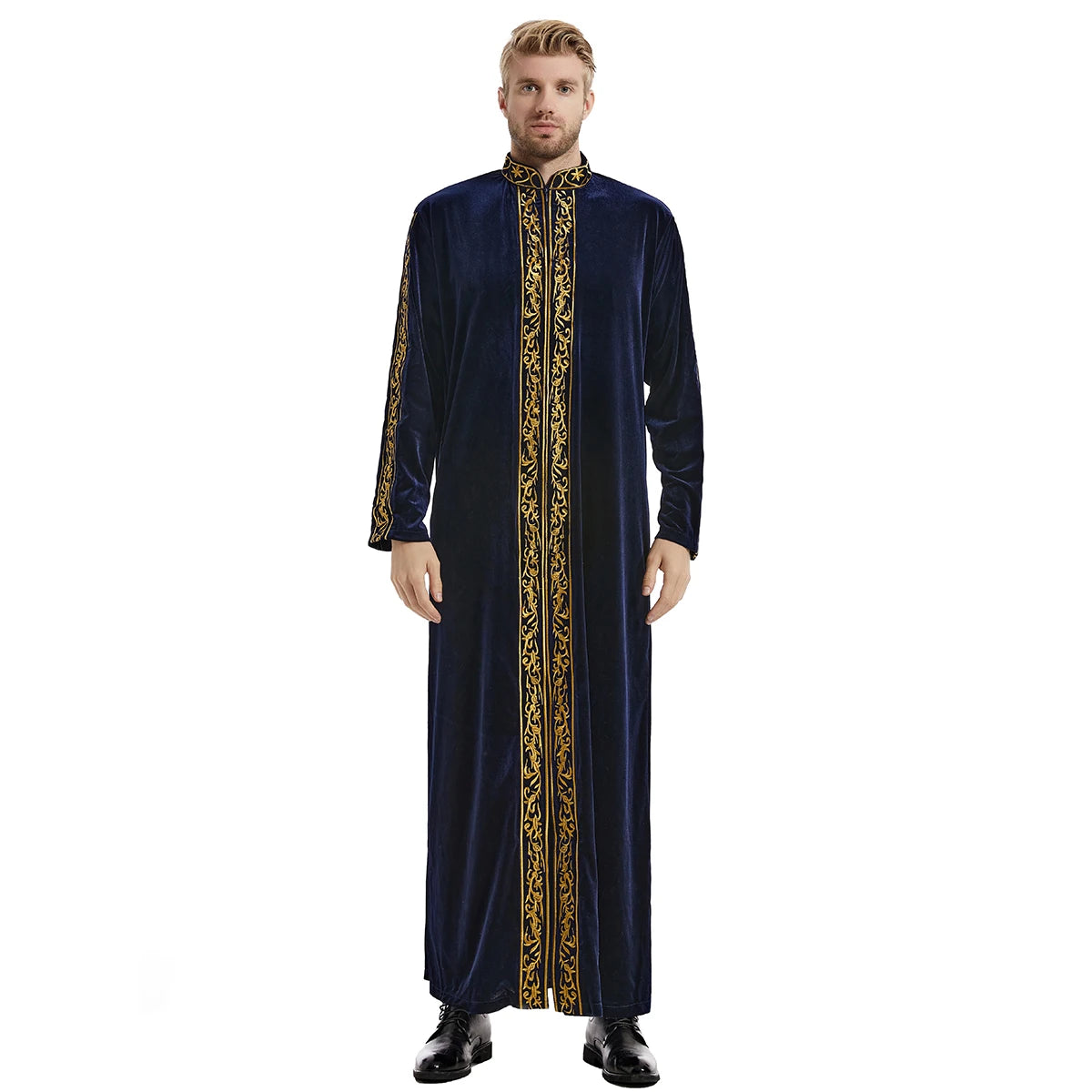 TH825 Men's Muslim Middle Eastern Men Long Sleeves Velvet Embroidered Zipper Robe Ramadan Eid Jubba Thobe