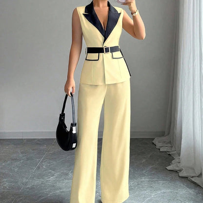 Women's Office Lady Ensemble Outfit Autumn Sleeveless Straight Leg Pants Set Classy Bandeau Elegant Style Top And Vest 2 Set
