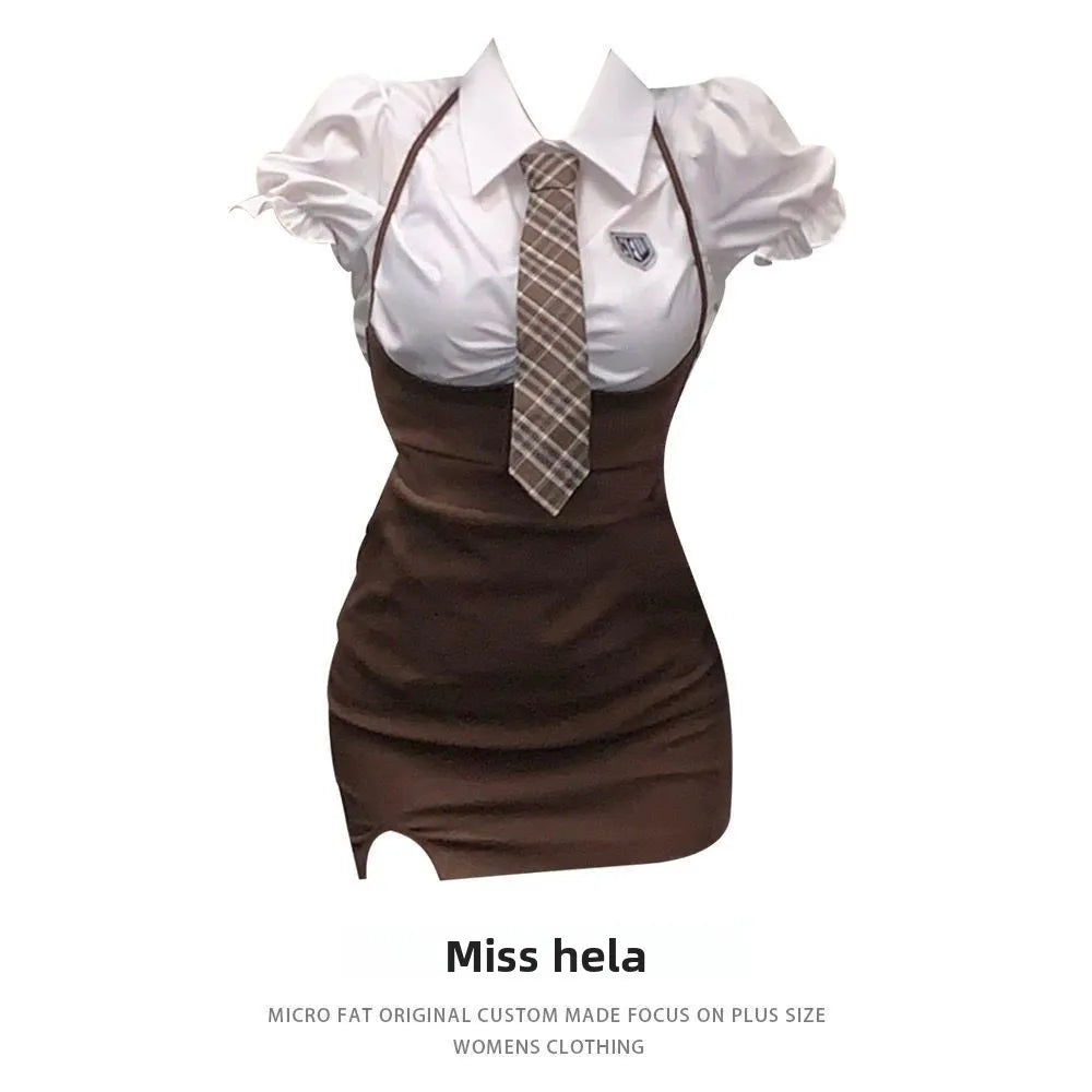 HELA American College Style Retro Wrap Skirt Set Women Summer Pure Desire Strap Dress Shirt Two Piece Set Long Sleeve