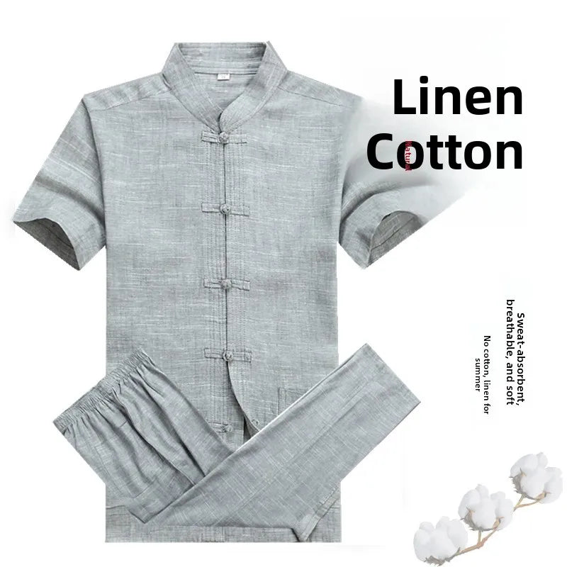 Spring Summer Large Size Linen Cotton Men's Tang Suit Ethnic Style Hanfu Set Home Wear Comfortable Loose Fit Traditional Chin...