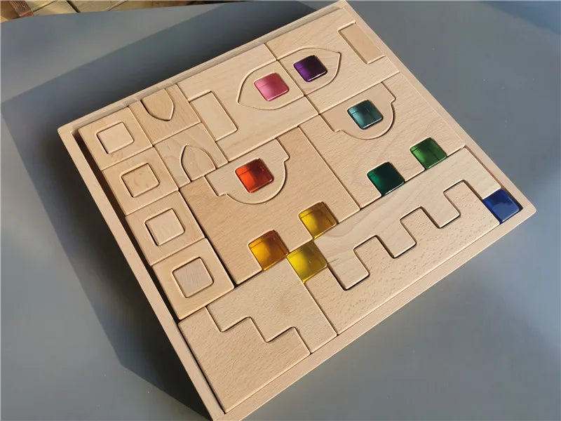 Wooden Building Blocks Set Stacking Castle Toys with Transparent Cubes Rainbow Timbers Trees Animals Giraffe for Kids