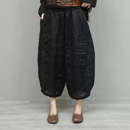 Lightweight Ramie Pant Women Summer Loose Wide-leg Cropped Pants Black LX5765