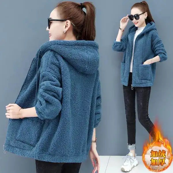 Lamb Velvet Jacket with Hood Women's Fleece Lined Thickened Sweatshirt Casual Top Pure Color Versatile Long Sleeve Regular Le...