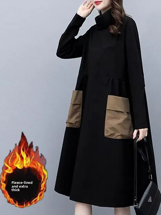Thickened Fleece Warm Winter Dress for plus Size Women Half High Collar Sleeve Long Mid-Length Straight Cut High Waist Style