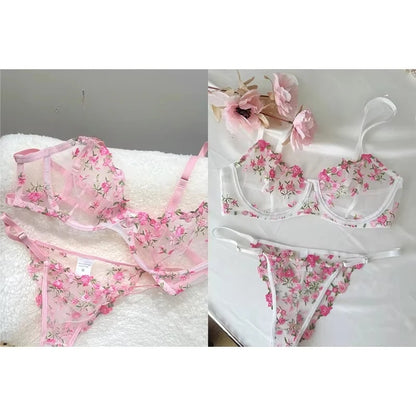 Sweet Sexy Lace Lingerie Set, Floral Embroidery Sheer Mesh, Thin Cooling, Big Bust Relief, Japanese Daily Women Underwear 32-38