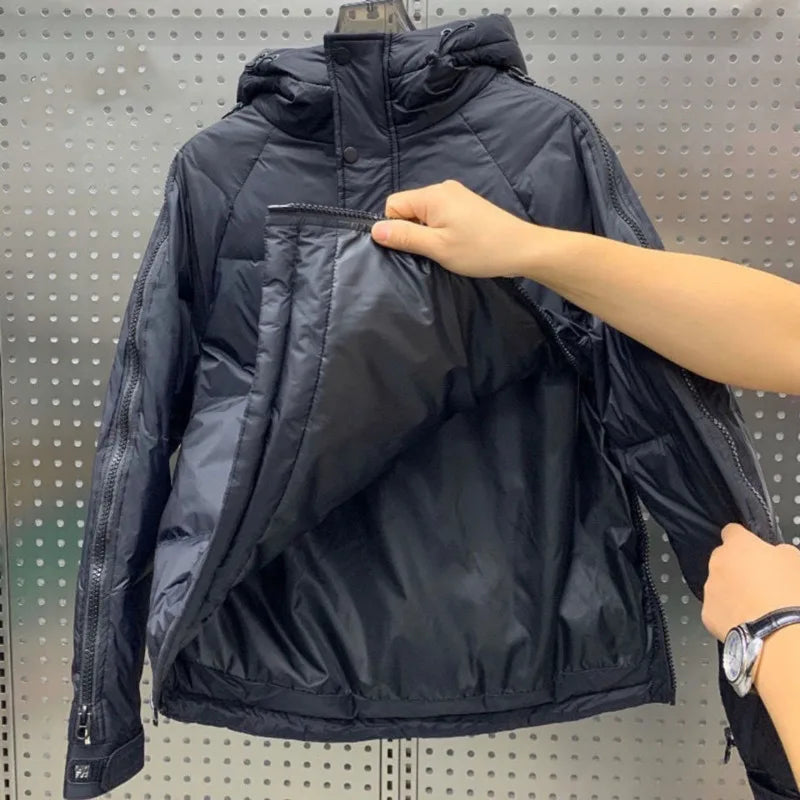 Tactical Double Zip Jacket Hooded Parkas Men Winter Down Cotton Coat Black Pullover Glossy Padded Jackets Casual Warm Outerwear