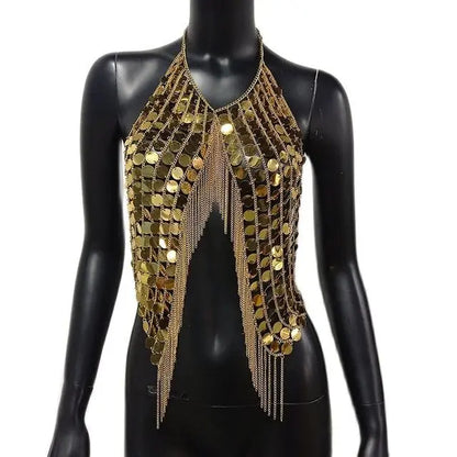 AKYZO Sequined Crop Tops for Women Metal Chain Tassel Nightclub Dance Wear Party Burning Outfits Plastic Tank Top Sexy Festival