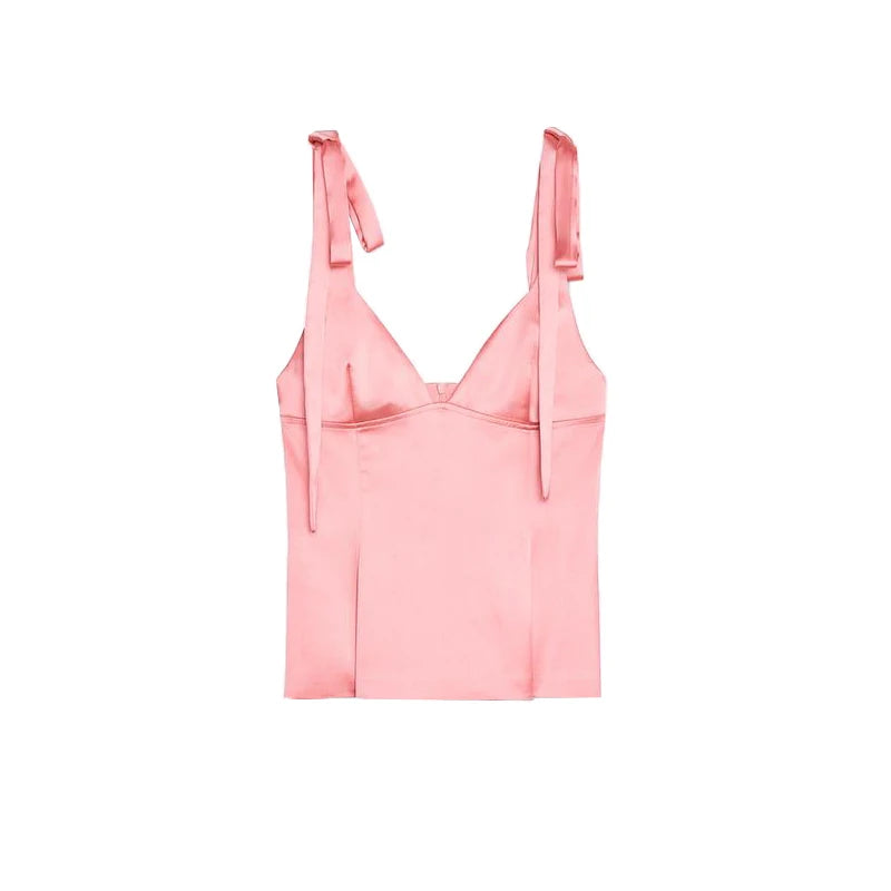 Summer New Women's Simple Style V-neck Sleeveless  Knot Decorated Silk Satin Feel Strap Top Original Design Slim Fit