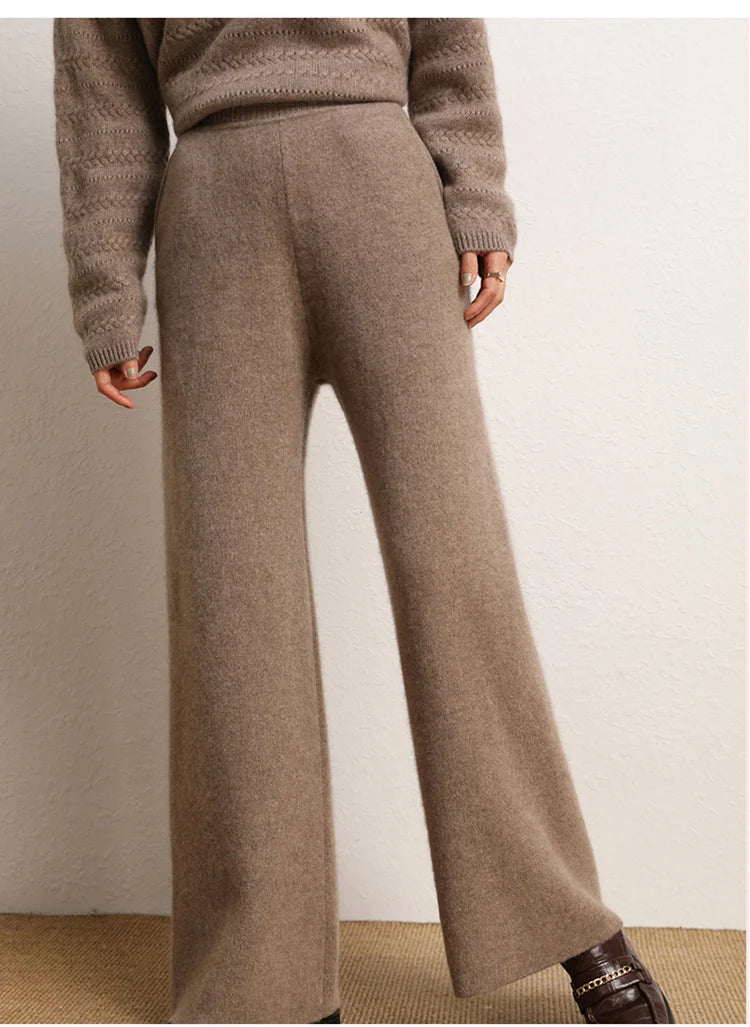 Women's 100% Cashmere Wide Leg Pants Knitted Thick Autumn/Winter Casual Solid Color Elastic Waistband Pockets