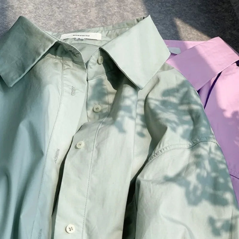 100% Cotton Loose Solid Color Basic Shirt For Women Spring 2026 Elegant Office Ladies Lapel Collared Cardigan Long-Sleeve Shirts