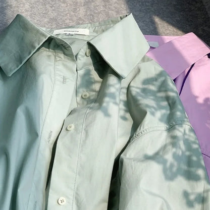 100% Cotton Loose Solid Color Basic Shirt For Women Spring 2026 Elegant Office Ladies Lapel Collared Cardigan Long-Sleeve Shirts