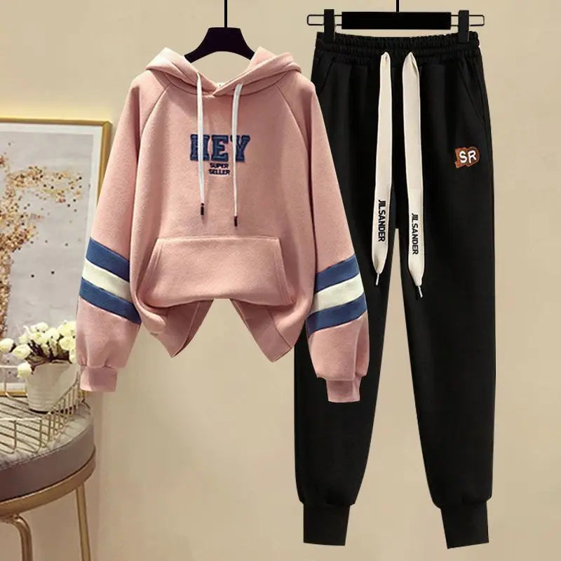 Sports Set for Women in Spring and Autumn New Korean Version Color Blocking Hooded Top Casual Pants Age Reducing Two-piece Set