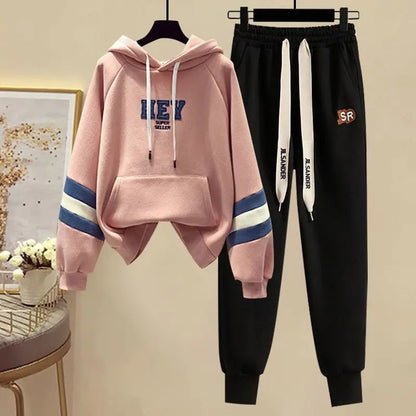 Sports Set for Women in Spring and Autumn New Korean Version Color Blocking Hooded Top Casual Pants Age Reducing Two-piece Set