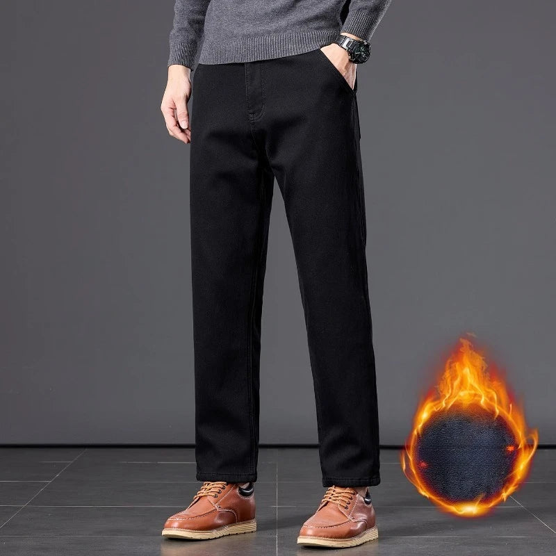 Winter Fleece Thickened Warm Men's Jeans Retro Blue Velvet Straight Leg Length Nine-point Denim Trousers Lined Wool  Pants