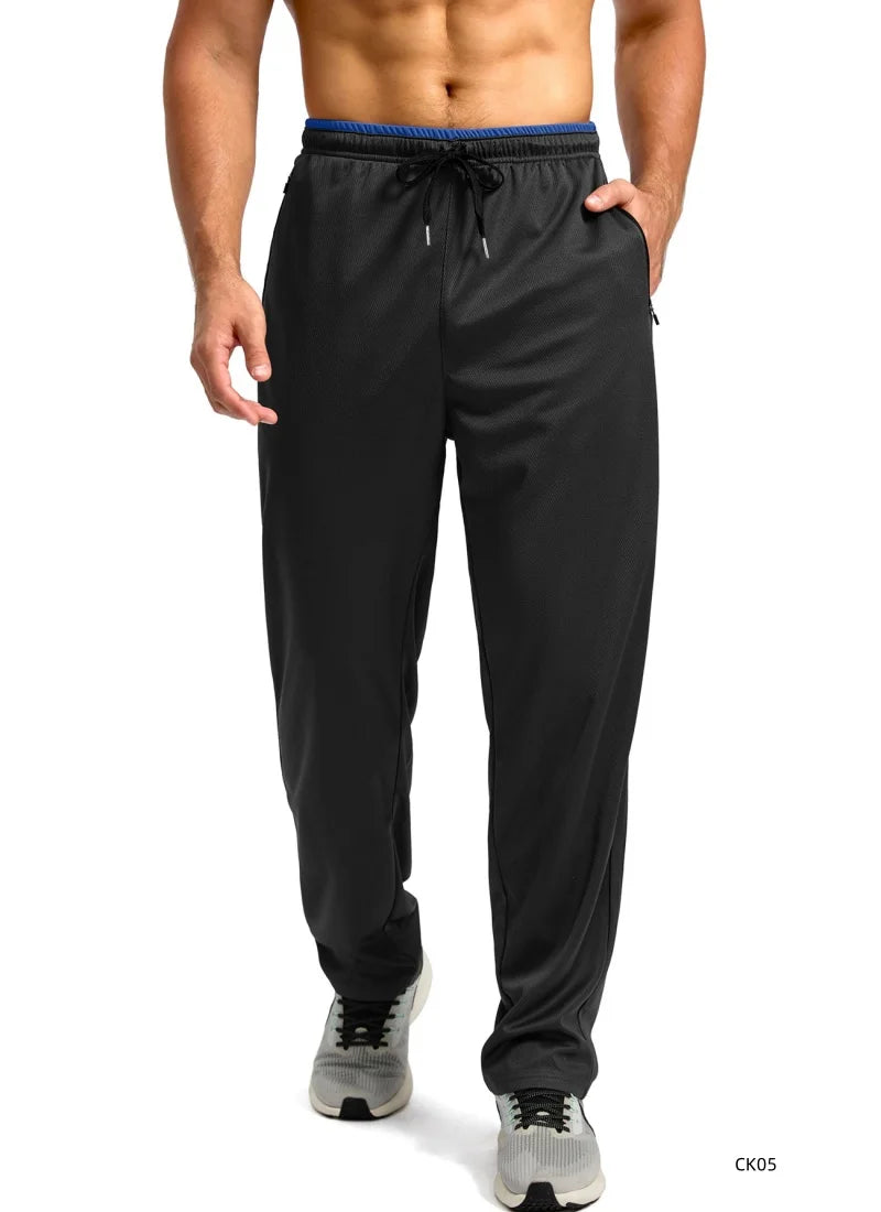Men High Elastic Breathable Ice Cool Sports Long Pants Outdoor Quick Dry Straight Trousers Drawstring Waist Zipper Pocket Design