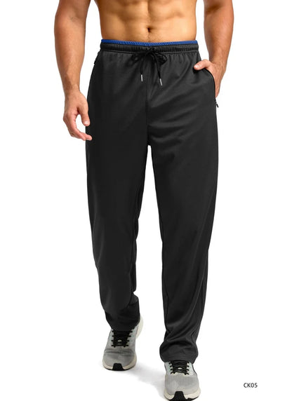 Men High Elastic Breathable Ice Cool Sports Long Pants Outdoor Quick Dry Straight Trousers Drawstring Waist Zipper Pocket Design