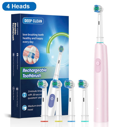 Electric Toothbrush Rotating Deep Clean Whitening Teeth for Adult Ultrasonic Toothbrush with 4/8pcs Refill Replacement Heads