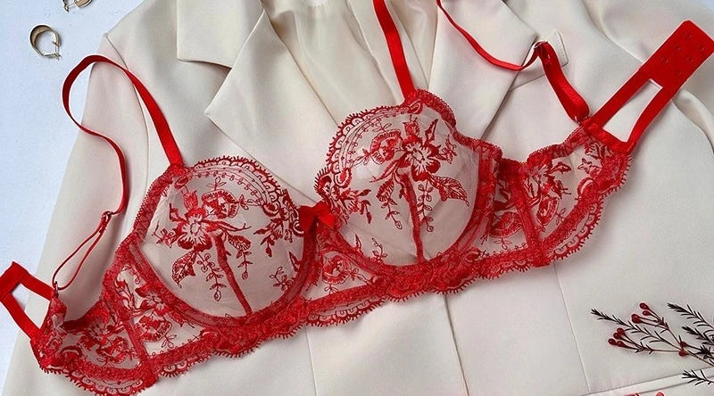 Floral Embroidery Transparent Lingerie Underwire Gather Ultra Thin Cup Sheer Bra Brief Set Pure Desire Women Intimate Nightwear