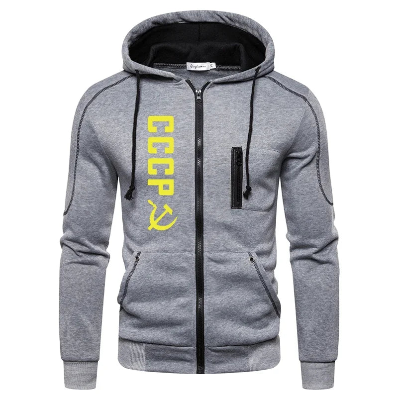 Autumn Winter Male Daily Casual Warm Fashion Hoodies CCCP Printed Men's Zipper Coats High Quality Hooded Long Sleeve Jacket