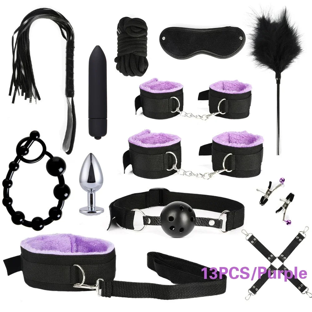 Sex Products Erotic Toys for Adults BDSM Sex Bondage Set Handcuffs Nipple Clamps Gag Whip Rope Sex Toys For Couples