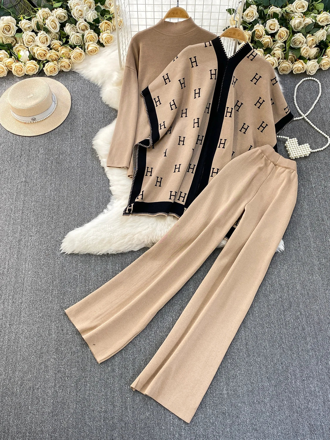 Faionable Knitted Tee-Piece Set Women's Loose Fit Autumn Winter Cardigan Embroidered Letter Sweatirt Wide Leg Pants