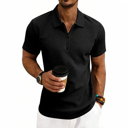 Men's Zip Polo Shirt Short Sleeve Waffle Textured Casual Top 2026