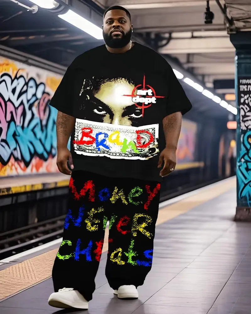 9XL Plus Size Men's Hip Hop Graffiti Lucky Sieve Graphic T-Shirt & Pants Set - Soft Breathable Streetwear Outfit