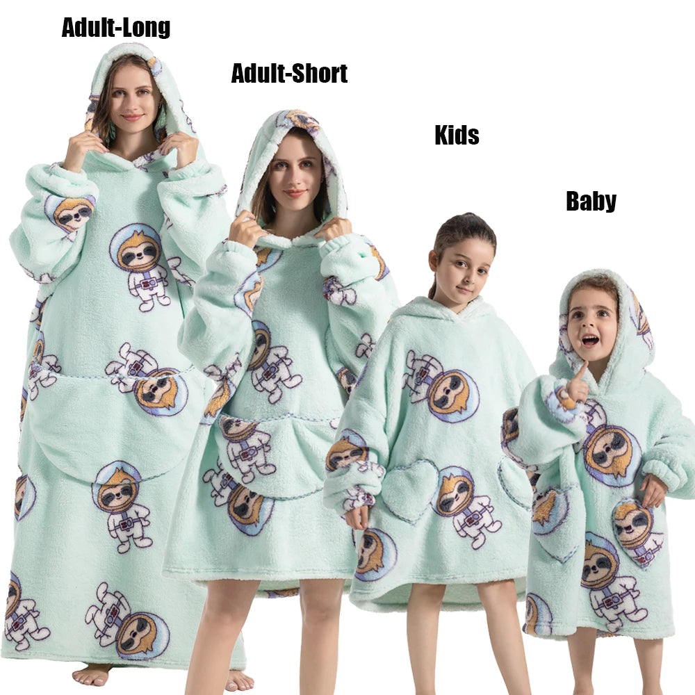 Halloween Family Matching Blanket Hoodies Women Cartoon Bear Dinosaur Sweatshirts Adult Oversized Warm Pullover Winter Clothes
