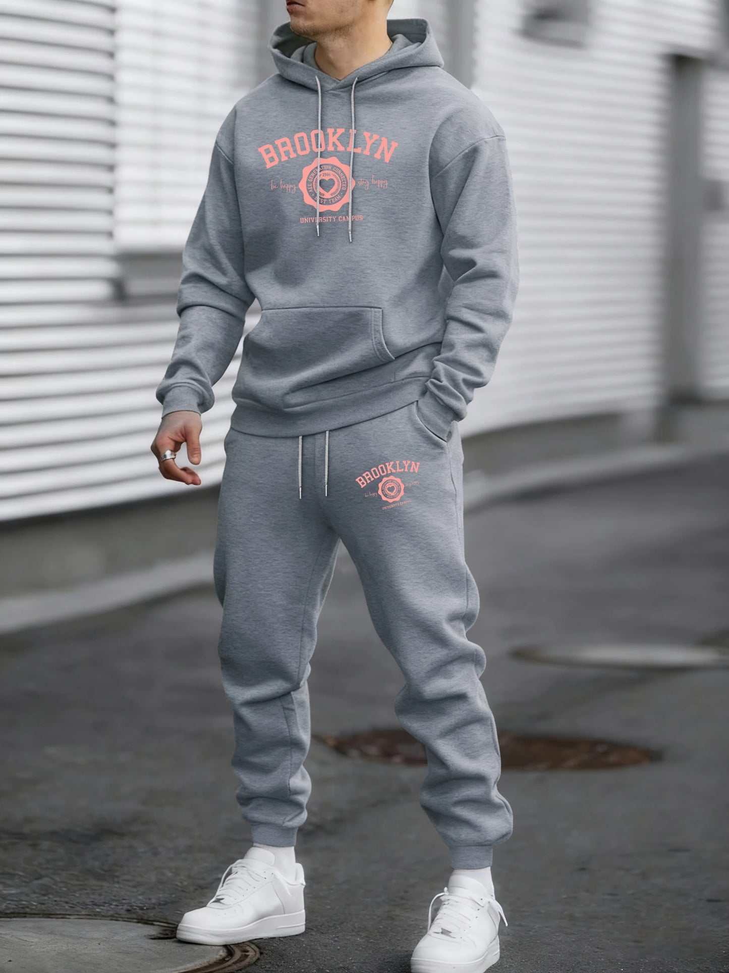 Brooklyn Best Team Heart Print Men Sportsuit Autumn Hip Hop Hoodies Soft Fleece Simple Pants Maleloose Fashion Sportswears