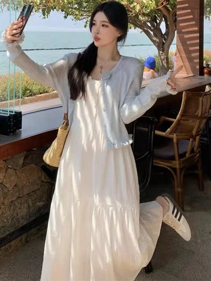 Slimming White Strapless Long Dress Simple French Style A-Line Midi Dress Women's Summer Fashion Sensation Waist-Cinching Dress